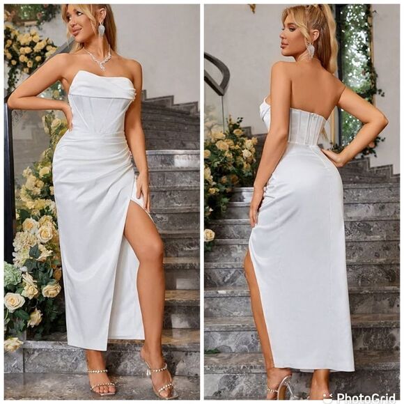 NWT KUTUMAI Cowl Neck Satin Corset Dress Strapless Tube Top Split Party Cocktail - Picture 1 of 16